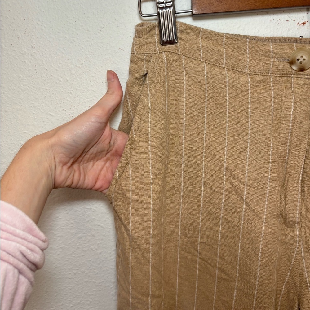 Skies Are Blue Small Tan Linen Cropped High Rise Pin Striped Pants‎ 73976 Latte - Picture 8 of 11